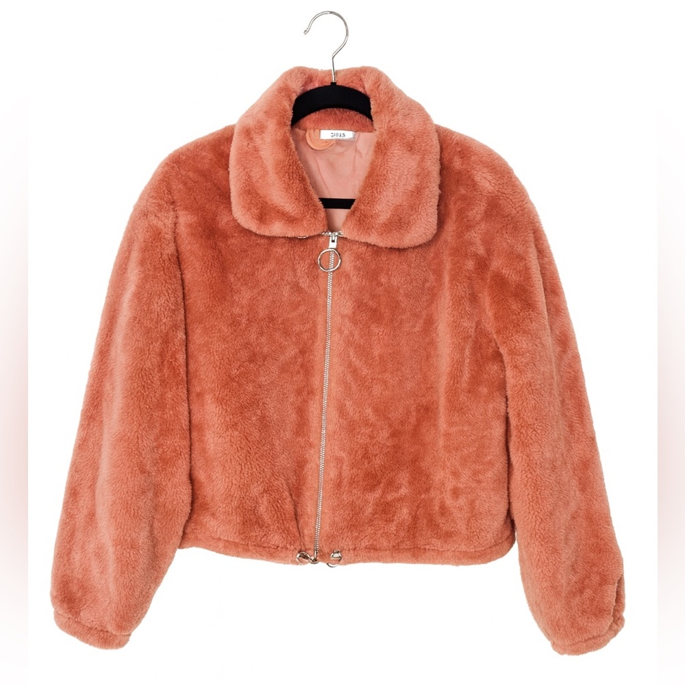 Pink Teddy Faux Fur Jacket Zip-Up Plush Coat L/XL